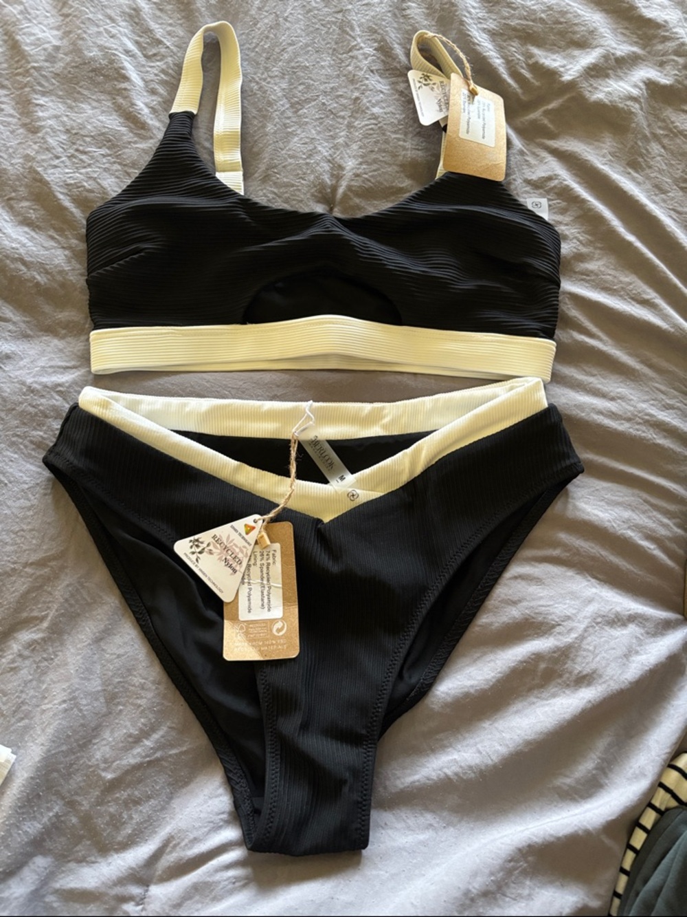 BERLOOK Black & Cream Ribbed Bikini Set
